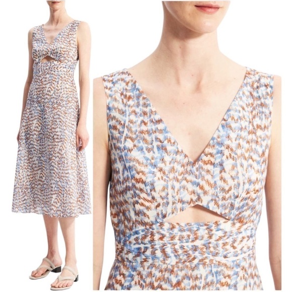 THEORY Abstract Print A-Line Sleeveless V-Neck Cut-Out Cocktail Midi Dress NEW - Picture 2 of 15
